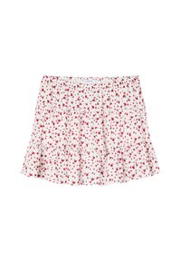 Gonna floreale bianca con piccoli fiori rossi, vita elastica, balze a strati e tessuto leggero. Ideale per il clima caldo.