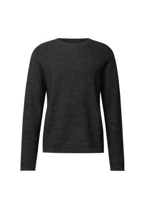 Schwarzer Pullover mit langen Ärmeln, strukturiertem Strickmuster und rundem Halsausschnitt. Verfügt über ein dezentes Logo auf der Vorderseite.