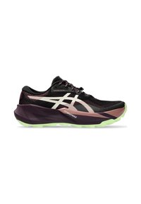 Chaussure de course noire et violet foncé avec logo crème, détails roses sur la semelle intermédiaire et semelle vert clair, vue de profil sur fond blanc.