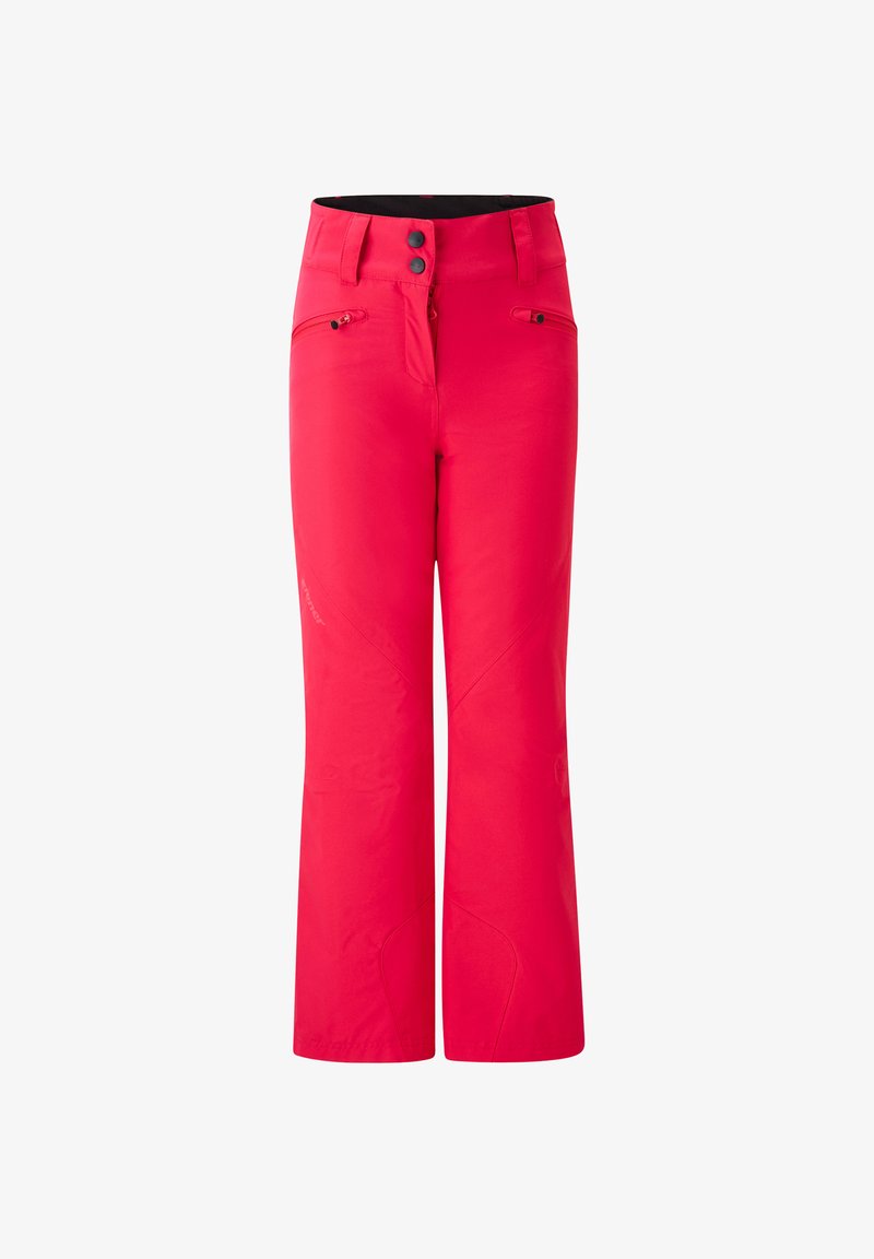Red ski pants with a straight cut, two side pockets, and a zip fly. Made from a weather-resistant material with a smooth texture.
