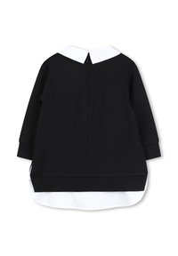 Black long-sleeve top with a white collar, featuring a zip closure at the back and a curved hem, made of smooth, stretchy fabric.
