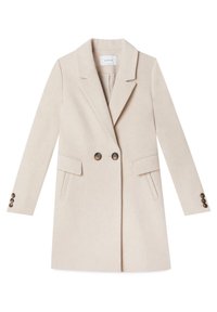 Manteau beige en mélange de laine avec un col cranté, un devant croisé, des poches à rabat et quatre boutons décoratifs sur les manches.