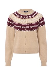 Beige Strickjacke mit rundem Halsausschnitt, maroon-weißer geometrischer Musterung und sechs Knöpfen auf der Vorderseite. Weiche Textur und gestricktes Design.