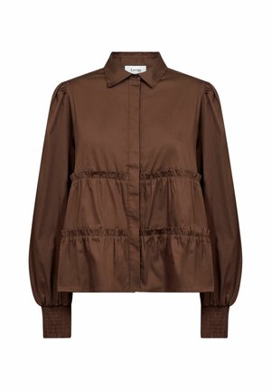 Braune Bluse mit langen Ärmeln, Kragen, gerafften Stufen in der Taille und elastischen Bündchen.