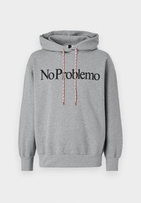 Grauer Hoodie mit einer Kängurutasche, Kapuze mit roten und weißen Zugbändern, versehen mit dem Aufdruck "No Problemo" in fetten schwarzen Buchstaben auf der Vorderseite.