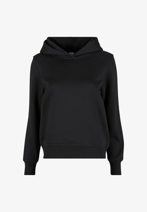 Hanorac negru cu o textură moale, având un design clasic, cu glugă cu șnur și manșete și tiv ribben. Fără modele sau accente vizibile.