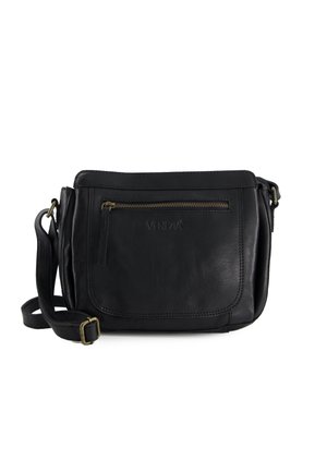 Black leather crossbody bag with a top zip closure, front zip pocket, adjustable strap, and subtle embossed logo detail.