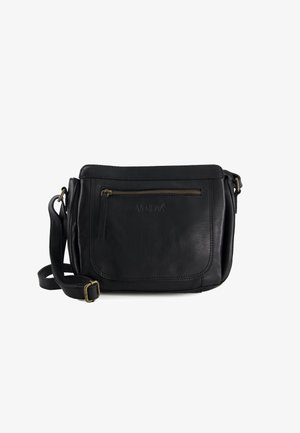 Černá kožená crossbody taška s horním zipovým uzávěrem, přední zipovou kapsou, nastavitelním popruhem a jemným embosovaným logem.