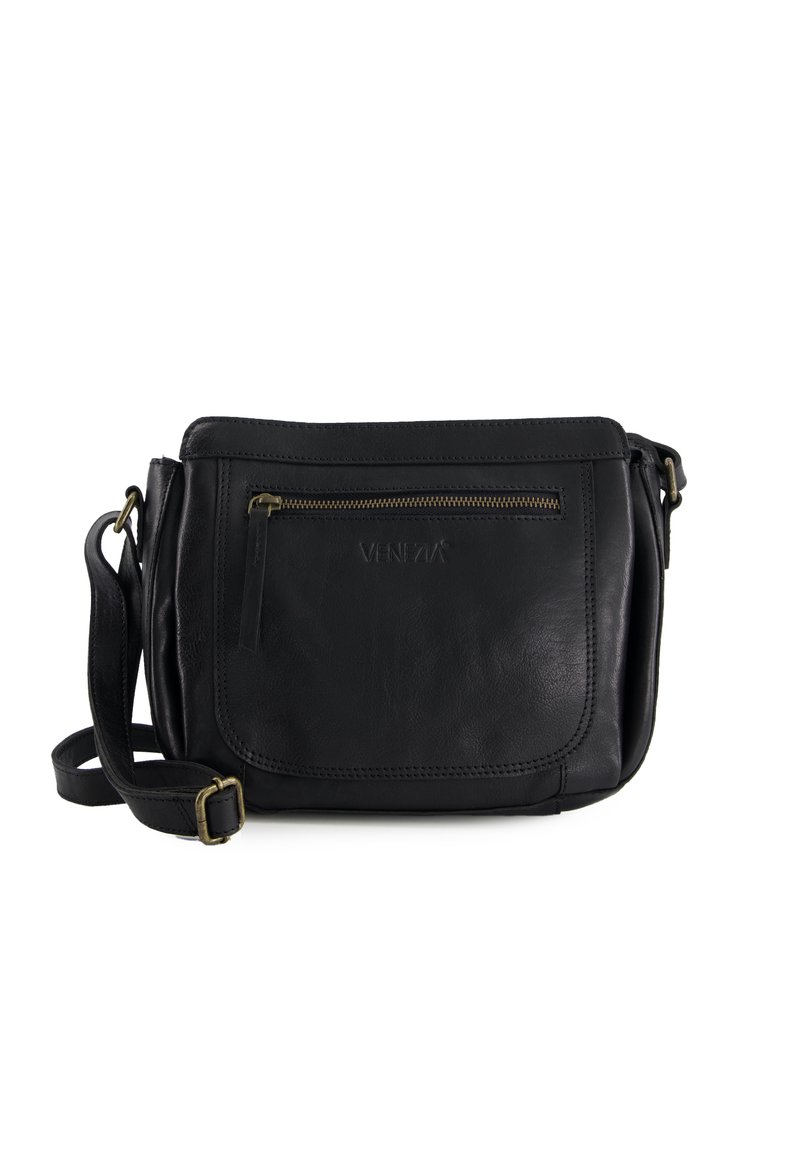 Black leather crossbody bag with a top zip closure, front zip pocket, adjustable strap, and subtle embossed logo detail.