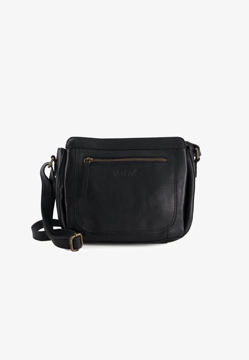 Zwarte leren crossbody bag met een bovenste ritsluiting, voorzak met rits, verstelbare schouderband en subtiele gegraveerde logo-details.