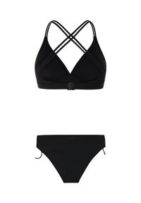 Čierne žebrované dvojdielne bikini s trojuholníkovým vrchom so skríženými tenkými ramienkami a zodpovedajúcimi vysokými nohavičkami s bočnými viazačkami.