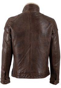 Braune Lederjacke mit Schaffellkragen und strukturiertem Finish. Enthält Steppdetails und geknöpfte Bündchen. Klassisches, tailliertes Design.