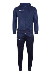 Marineblaue Trainingsanzug mit einer Reißverschlusskapuzenjacke und schmal geschnittenen Hosen. Hergestellt aus glattem Stoff mit weißen Logoakzenten auf beiden Teilen.