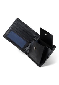 Black leather wallet with multiple card slots, transparent ID window, and two compartments, featuring a snap closure and smooth texture.