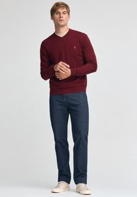 Maglione bordeaux con scollo a V, polsini e orlo a costine, abbinato a jeans blu scuro e sneakers beige. Logo ricamato semplice sul maglione.