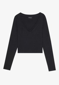 Fekete, hosszú ujjas crop top, V-nyakkivágással, puha anyagból készült, sima textúrával és végig varrott szegéllyel.
