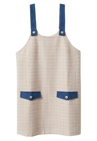 Robe en tweed avec bretelles en denim bleu, dotée de deux poches avant. Le tissu présente un motif texturé beige clair avec des accents orange.