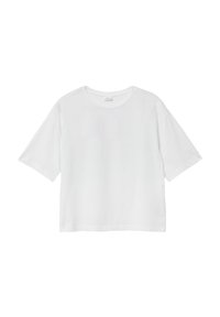Witte, kortekam shirt van zachte katoen. Heeft een ronde halslijn en een losse pasvorm met rechte zoom. Geen zichtbare patronen of accenten.