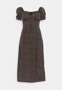 Černé midi šaty s nafouknutými rukávy, se květinovým vzorem v růžové a bílé barvě. Knoflíky po celé délce a vypasovaný střih.