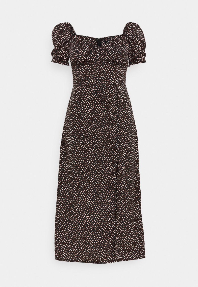 Černé midi šaty s nafouknutými rukávy, se květinovým vzorem v růžové a bílé barvě. Knoflíky po celé délce a vypasovaný střih.