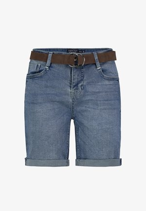 Jeansshorts in mittlerem Blau mit umgeschlagenem Saum, ausgestattet mit einem braunen Gürtel mit doppeltem Ringverschluss und Fronttaschen. Größe S.
