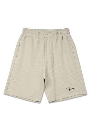 Khaki shorts in a textured fabric with an elastic waistband, side pockets, and a black logo accent on the lower left side.