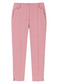 Pantalons à carreaux rouges et blancs avec une coupe slim, dotés de poches latérales, de plis subtils et d'ourlets fendus au niveau des chevilles.