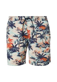 Herren-Badehosen mit einem bunten tropischen Blumenmuster. Mit elastischem Bund, Kordelzug und leichtem Stoff.
