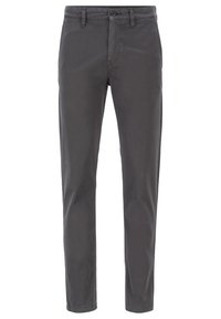 Grå bomullsbyxor med smal passform, utrustade med knappstängning och fickor. Mjukt tyg och minimalistisk design utan synliga mönster.