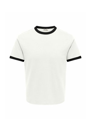 T-shirt blanc à manches courtes avec col rond côtelé noir et bordures de manches, présenté sur un fond blanc uni.