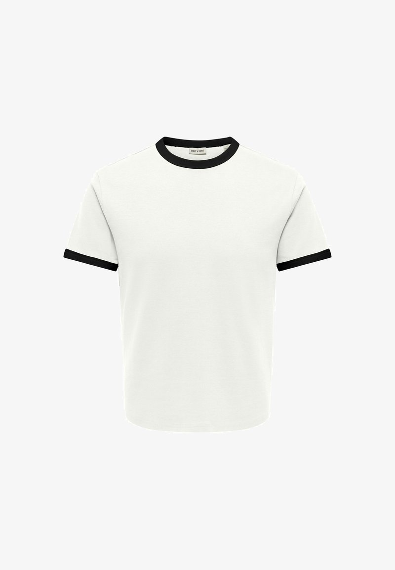 T-shirt blanc à manches courtes avec col rond côtelé noir et bordures de manches, présenté sur un fond blanc uni.