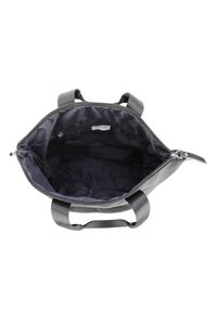 Grå håndtaske med to hanke, lynlåsåbning og en mørk indvendig. Har en lille indvendig lomme og blødt stoffor.