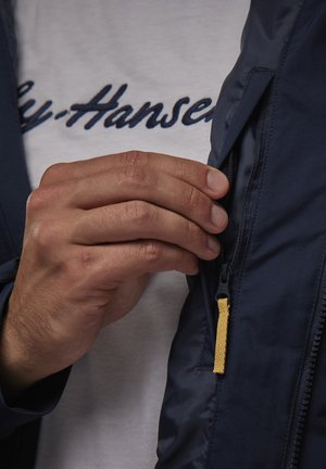 Marineblauwe jas met een ritszak en een gele ritssluiting, met een hand die de rits vastgrijpt; de stof lijkt glad en lichtgewicht.