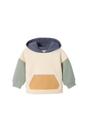 Children's hoodie with cream body, gray hood, green sleeves, and front mustard yellow pocket.