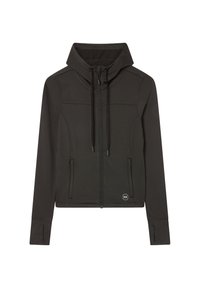 Giacca nera con zip e cappuccio, realizzata in tessuto liscio. Presenta due tasche frontali, cordini regolabili e un logo sull'orlo.