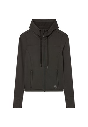 Czarna kurtka z zamkiem błyskawicznym i kapturem, wykonana z gładkiego materiału. Posiada dwie przednie kieszenie, regulowane sznurki oraz logo na dolnym brzegu.