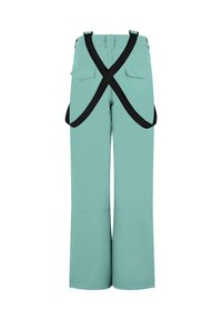 Zielone spodnie w odcieniu aqua o luźnym kroju, z czarnym, krzyżowym wzorem na plecach oraz dwoma kieszeniami z tyłu po obu stronach.