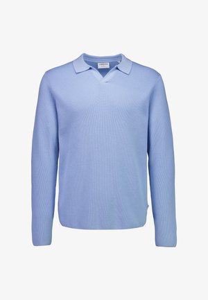 Light blue knitted pullover sweater with a ribbed texture, V-neck, and short collared neckline. Long sleeves with a straight cut.