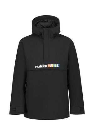 Black windbreaker jacket with a high neck, front logo in multi-color, soft material, long sleeves, and elastic cuffs.