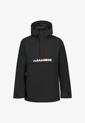 Sort vindjakke med høj krave, frontlogo i flere farver, blødt materiale, lange ærmer og elastiske manchetter.