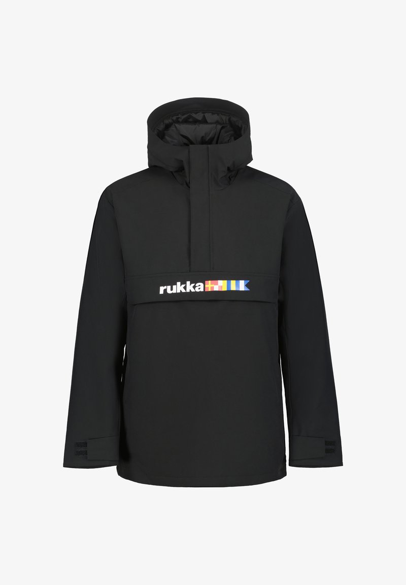 Mustapohjainen tuulitakki, jossa on korkea kaulus, etupuolella monivärinen logo, pehmeä materiaali, pitkät hihat ja joustavat hihansuut.