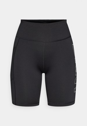 Sorte atletikksjortser laget av stretchy stoff, med høy midje, dekorative sømmer og en logo på siden i en lysere nyanse.