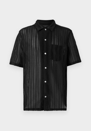 Black short-sleeve shirt made of sheer fabric with horizontal stripes, featuring a collared neck and a single chest pocket. White buttons.