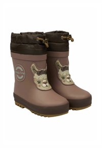 Bottes de pluie en caoutchouc rose avec un revers marron en haut. Présentent un dessin de lama cartoon sur le côté et des semelles texturées pour une meilleure adhérence.