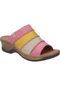 Infradito multicolori con cinturini in pelle rosa, giallo e beige, punta scoperta e suola in gomma marrone testurizzata con un tacco leggero.