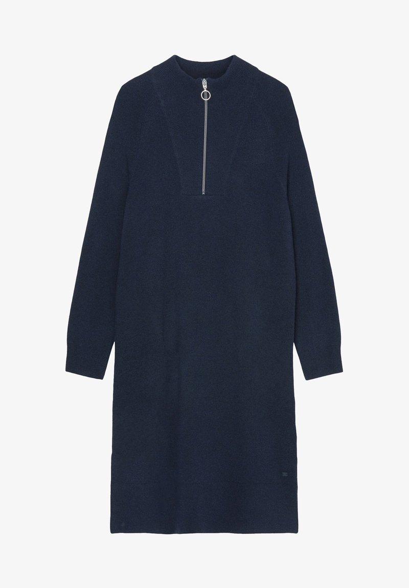 Robe en maille bleu marine à manches longues avec un col montant et une fermeture éclair avant munie d'un anneau comme tirette.