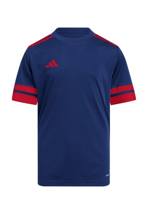 Navy blue athletic t-shirt with red accents on sleeves and shoulders. Features crew neck and three diagonal stripes logo in red on chest.