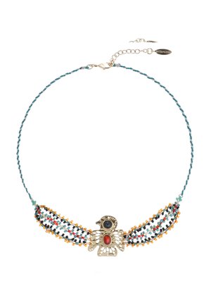 Collier pendentif en forme d'oiseau en bronze sur un cordon tressé bleu sarcelle. Comprend des perles multicolores en orange, rouge et noir avec une fermeture à clip.