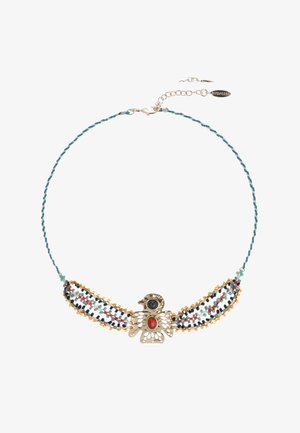 Collier pendentif en forme d'oiseau en bronze sur un cordon tressé bleu sarcelle. Comprend des perles multicolores en orange, rouge et noir avec une fermeture à clip.