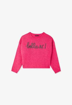 Maglione corto rosa realizzato in materiale morbido, con scollatura rotonda e maniche lunghe. "bella zi!" è ricamato in filo d'argento sulla parte anteriore.